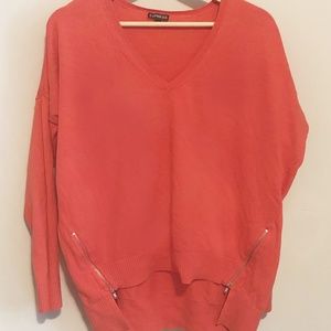 Cheery Coral High-Low Sweater with Zipper Details